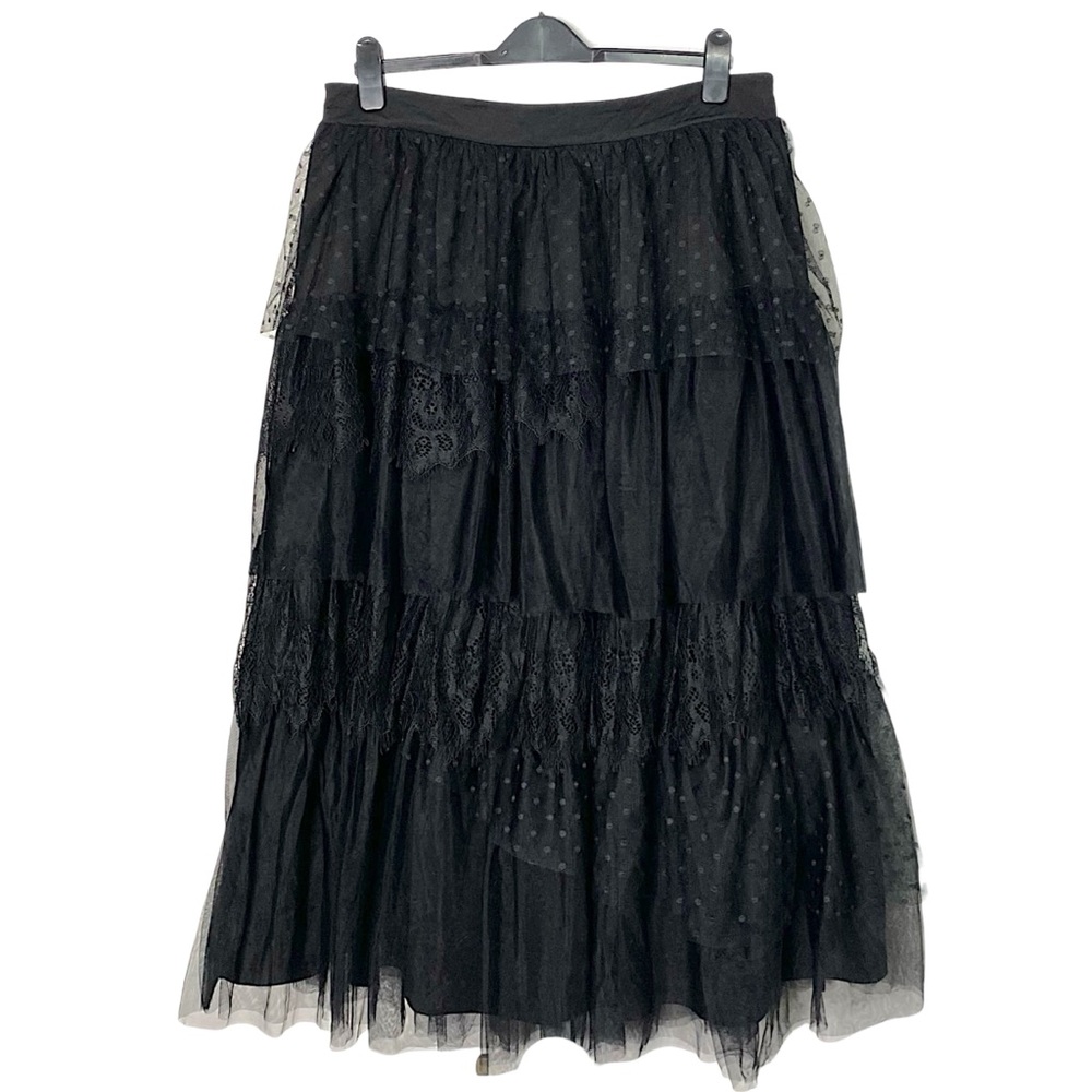 ARULA Ruffle Tulle Tiered Midi Skirt Black Polka Dot romantic goth fairy X/ XL - Picture 2 of 6